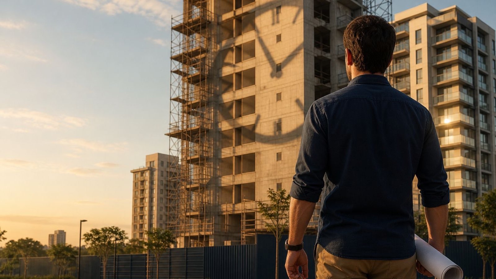Comprador diante de um prédio em obras ao entardecer, com a sombra de um relógio projetada na fachada