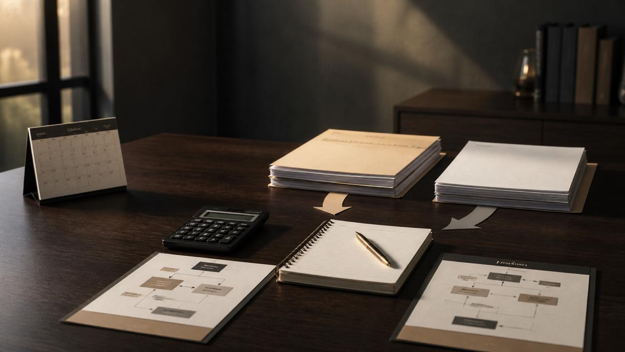Mesa de trabalho com calendário, calculadora, documentos e fluxogramas